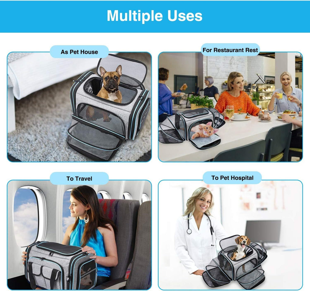 Approved Pet Carrier, Large Soft Sided Pet Travel TSA Carrier 4 Sides Expandable Cat Collapsible Carrier With Removable Fleece Pad And Pockets For Cats Dogs And Small Animals