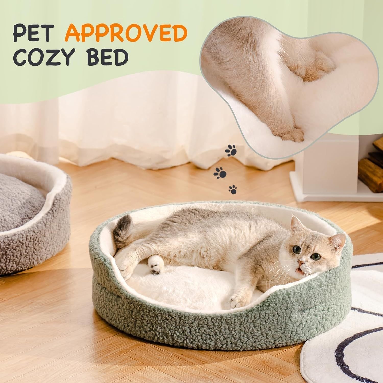 Mewoo Washable Pet Bed For Cats & Small Dogs - 23x23x7 Inch Round Orthopedic Bed With Non-Slip Bottom, Plush Indoor Cat Bed For Kittens & Puppies, Sage Green