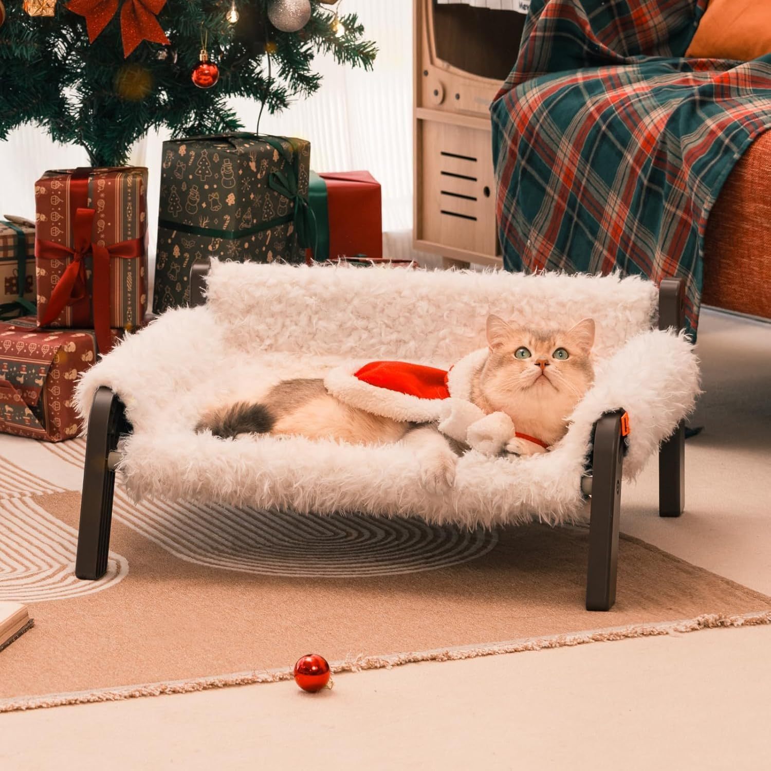 MEWOOFUN Raised Cat Bed For Indoor Cats - Elevated Plush Pet Sofa With Non-Slip Bottom, Supports 44 Lbs, Washable Small Dog Bed For Kittens & Puppies Beige Brown