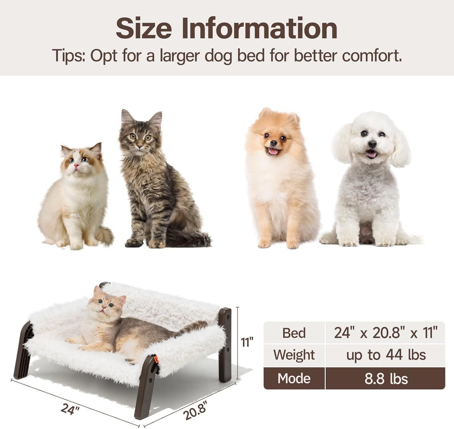 MEWOOFUN Raised Cat Bed For Indoor Cats - Elevated Plush Pet Sofa With Non-Slip Bottom, Supports 44 Lbs, Washable Small Dog Bed For Kittens & Puppies Beige Brown