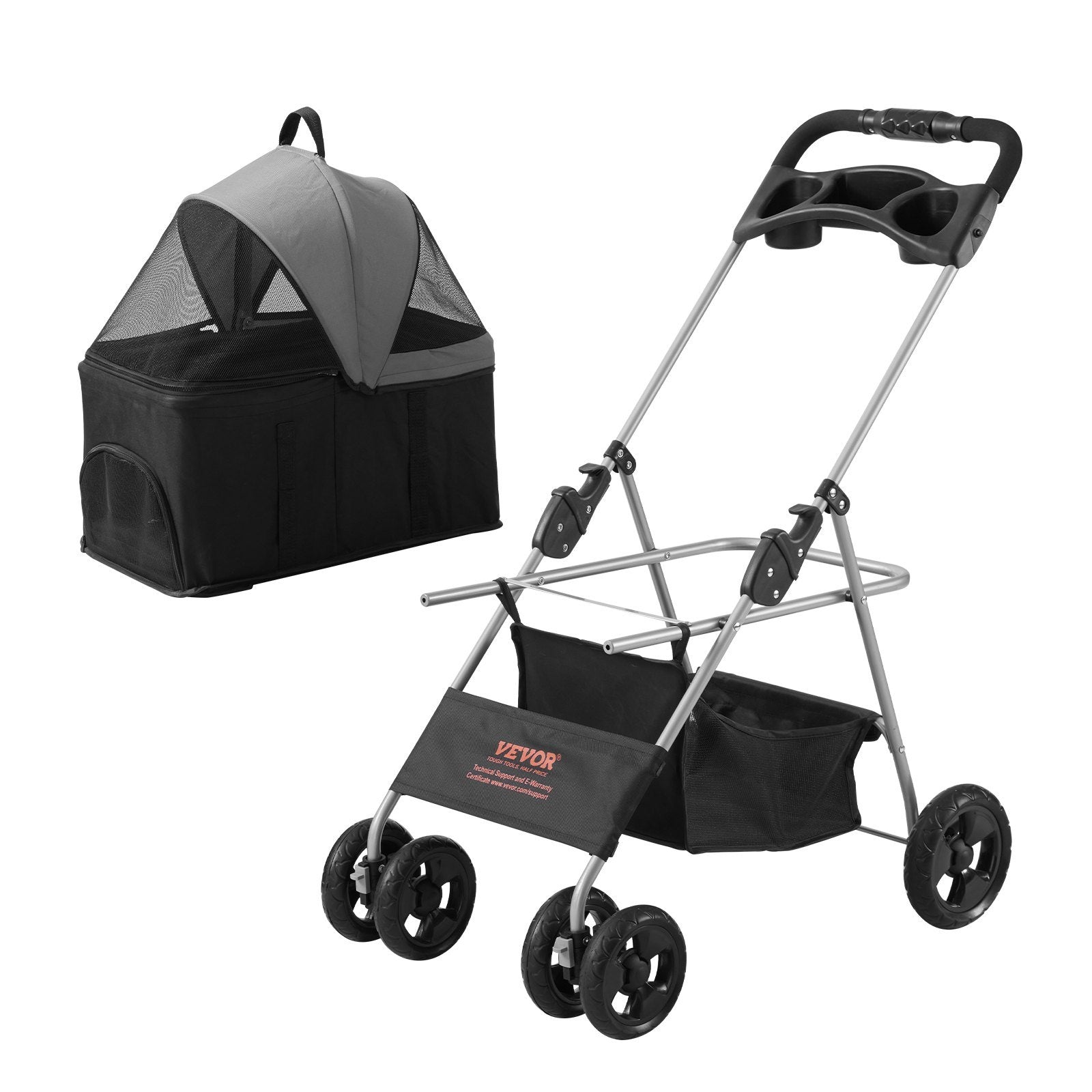 VEVOR Pet Stroller, 4 Wheels Dog Stroller Rotate With Brakes, 35lbs Weight Capacity, Puppy Stroller With Detachable Carrier, Storage Basket And Cup Holder, For Dogs And Cats Travel, Black Dark Grey