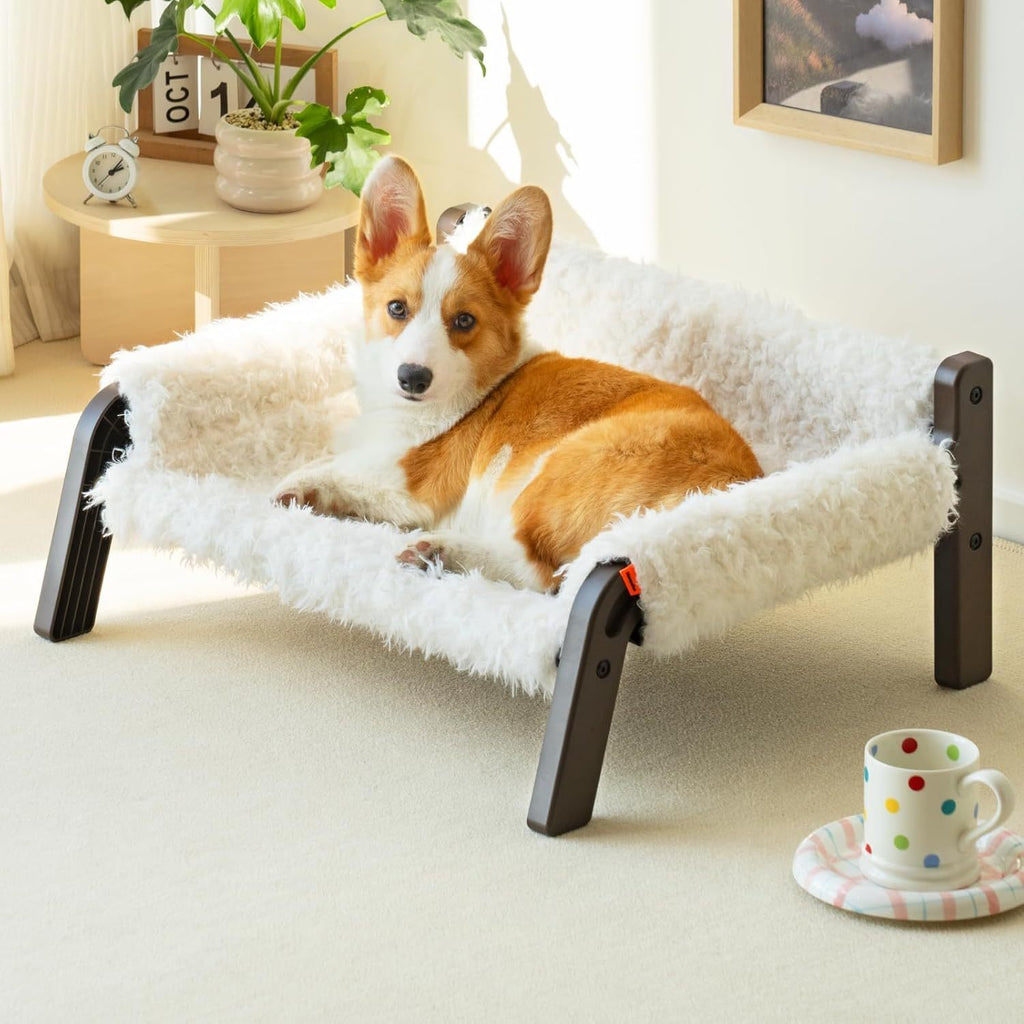 MEWOOFUN Raised Cat Bed For Indoor Cats - Elevated Plush Pet Sofa With Non-Slip Bottom, Supports 44 Lbs, Washable Small Dog Bed For Kittens & Puppies Beige Brown