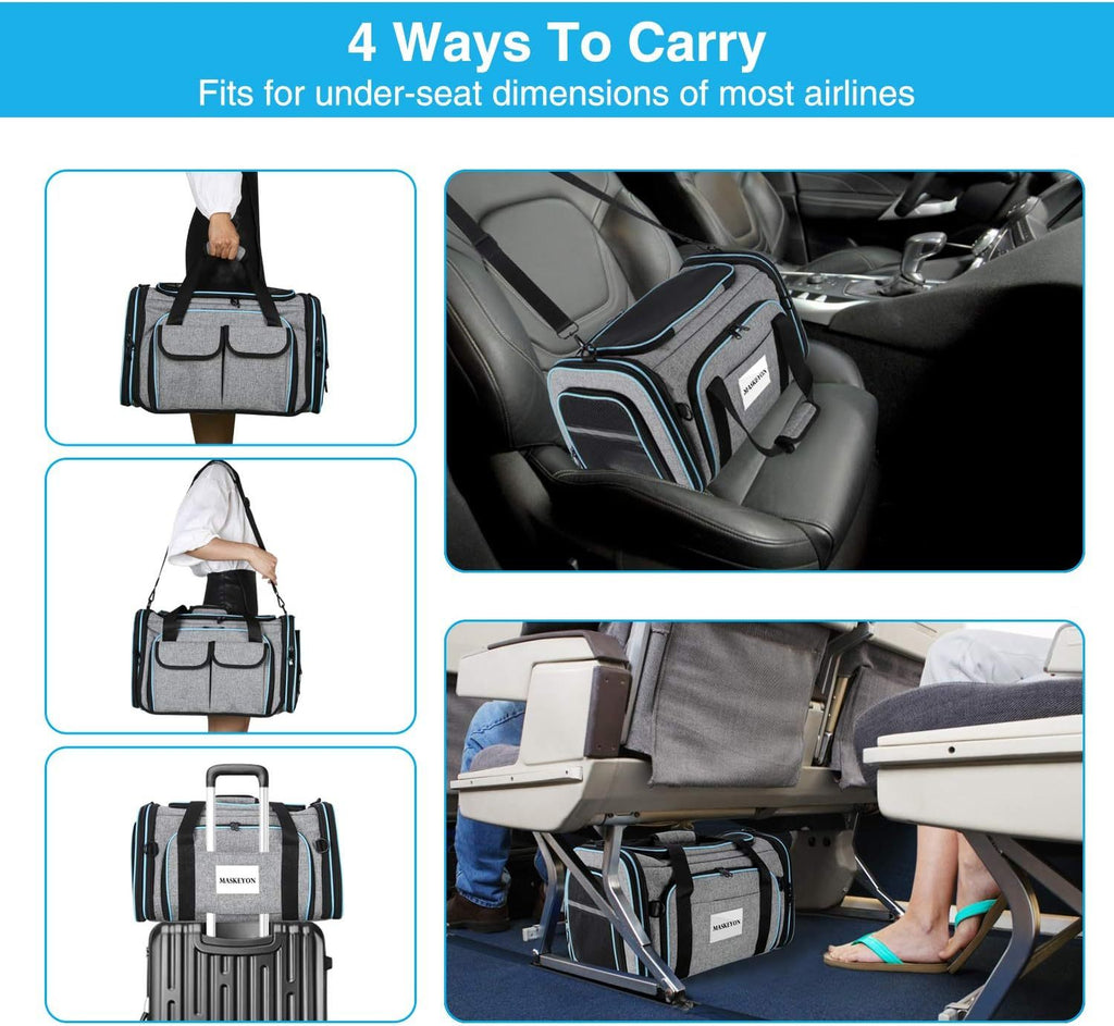 Approved Pet Carrier, Large Soft Sided Pet Travel TSA Carrier 4 Sides Expandable Cat Collapsible Carrier With Removable Fleece Pad And Pockets For Cats Dogs And Small Animals