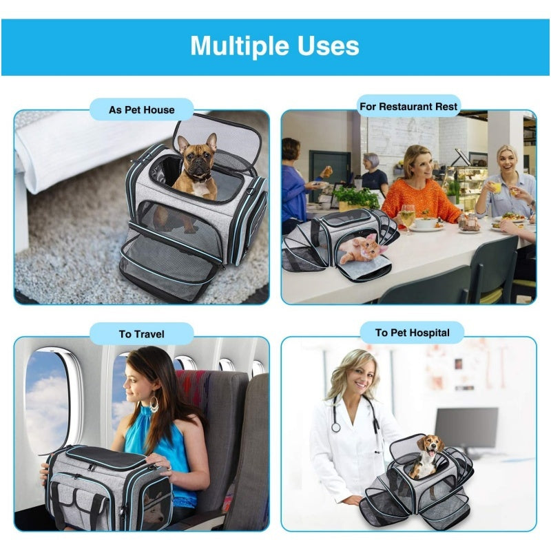 Approved Pet Carrier, Large Soft Sided Pet Travel TSA Carrier 4 Sides Expandable Cat Collapsible Carrier With Removable Fleece Pad And Pockets For Cats Dogs And Small Animals
